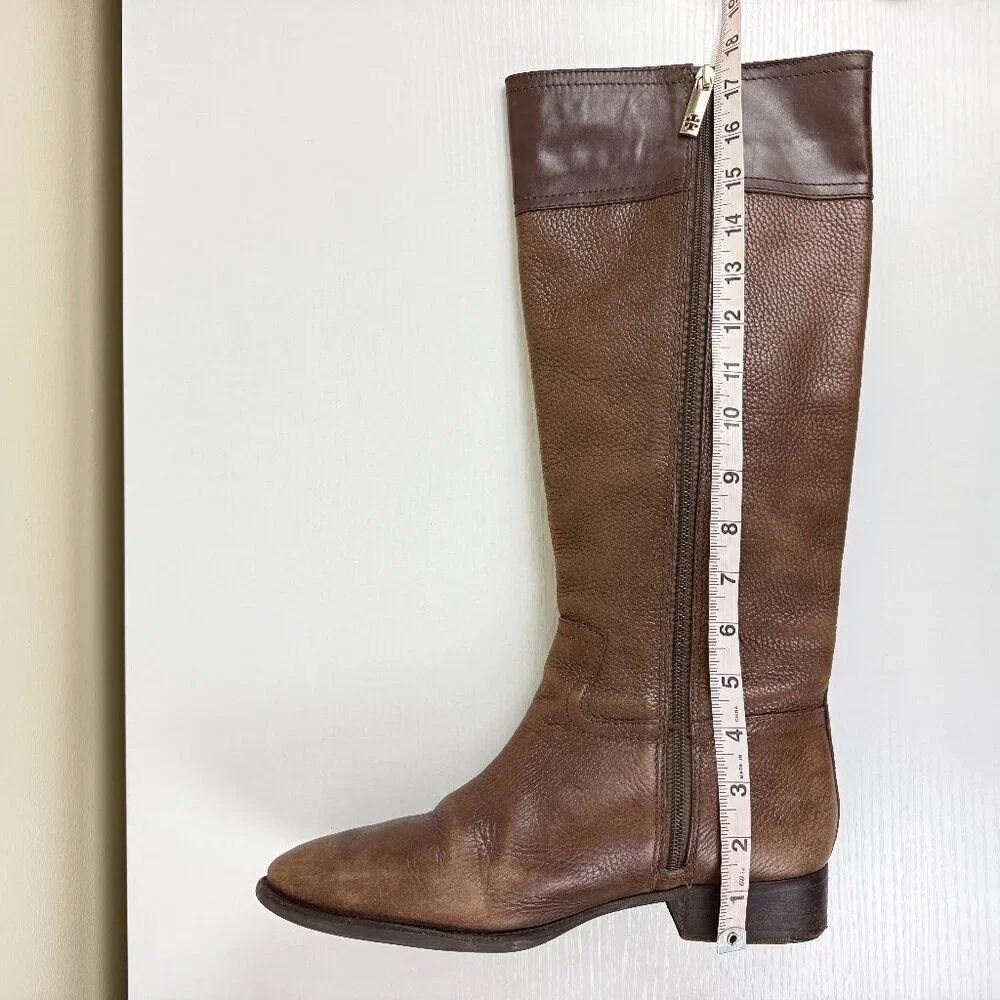 Tory Burch Julian Brown Pebbled Leather Tall Riding Boots - Picture 7 of 15
